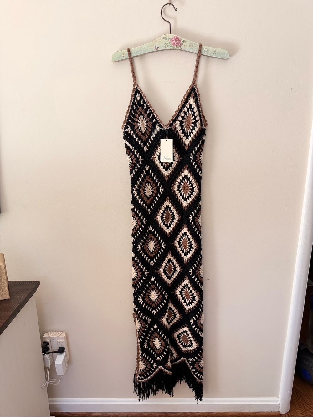 Elan Black & Tan Crochet Diamond Maxi Dress